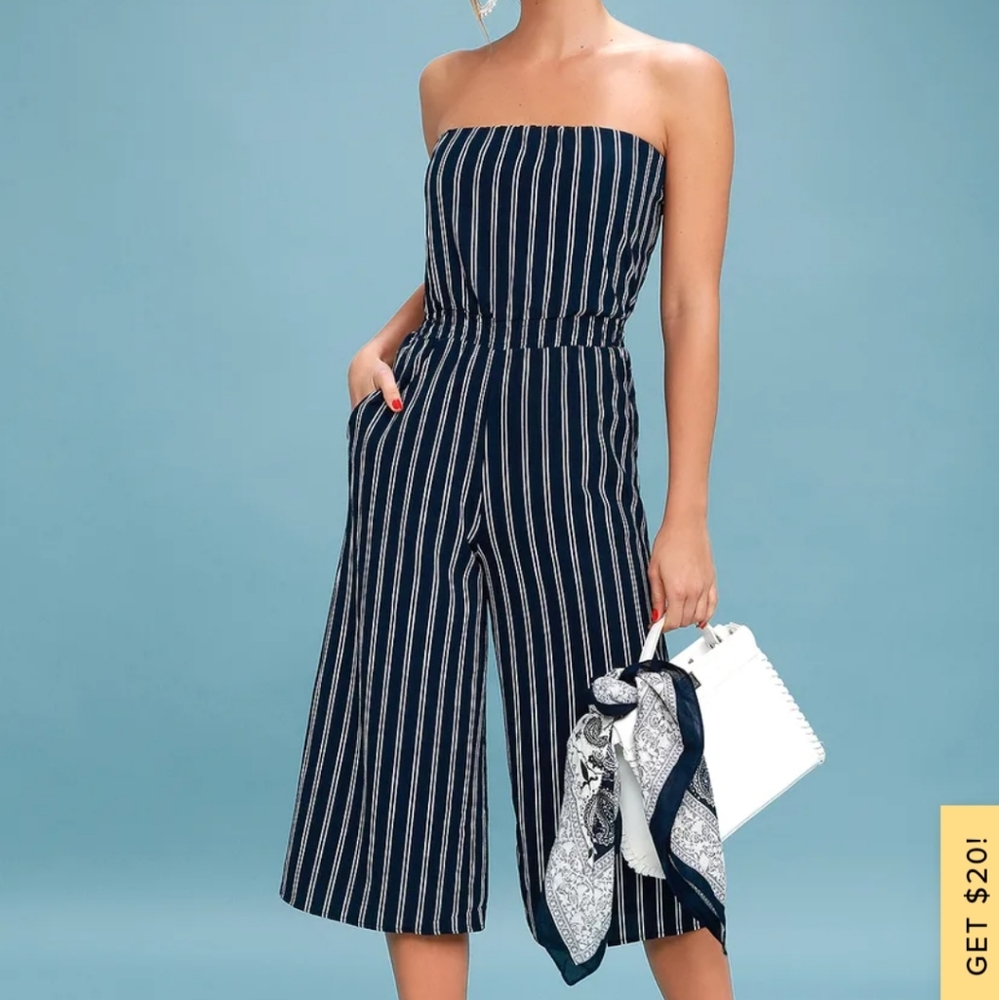 Lulus Navy Blue Striped Strapless Midi